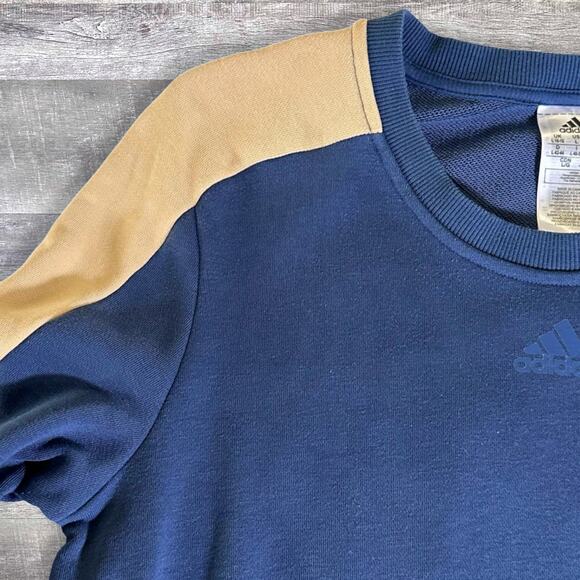 Adidas Essentials Logo Colorblock 3-Stripe Pullover Sweatshirt Women L Navy Tan - Picture 3 of 8